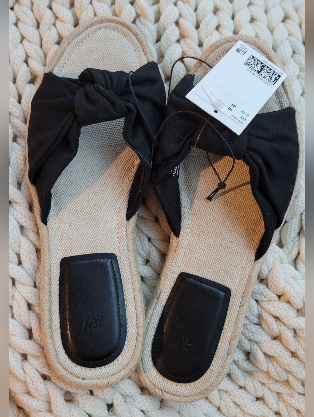 H&M Black Canvas Espadrilles Knot-Front Slide Sandals for Women 10